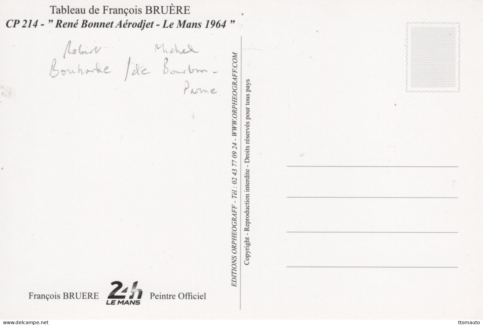 24 Heures Du Mans 1964 - René Bonnet Aérodjet - Concurrents: Bouharde/de Bourbon-Paine - Artiste:Francois Bruere - CPM - Le Mans