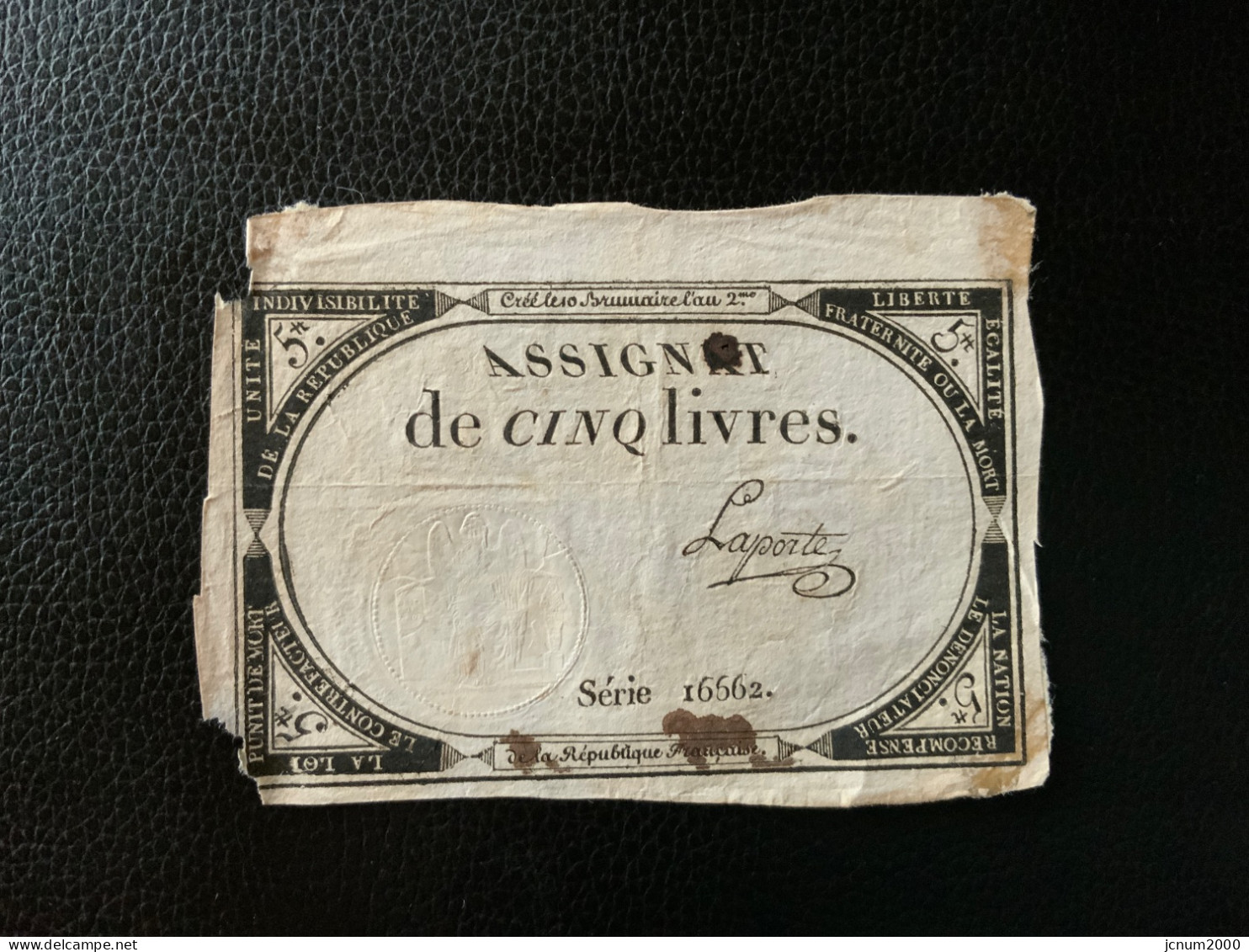 Assignat Ce 5 Livres Signé Laporte - Assegnati