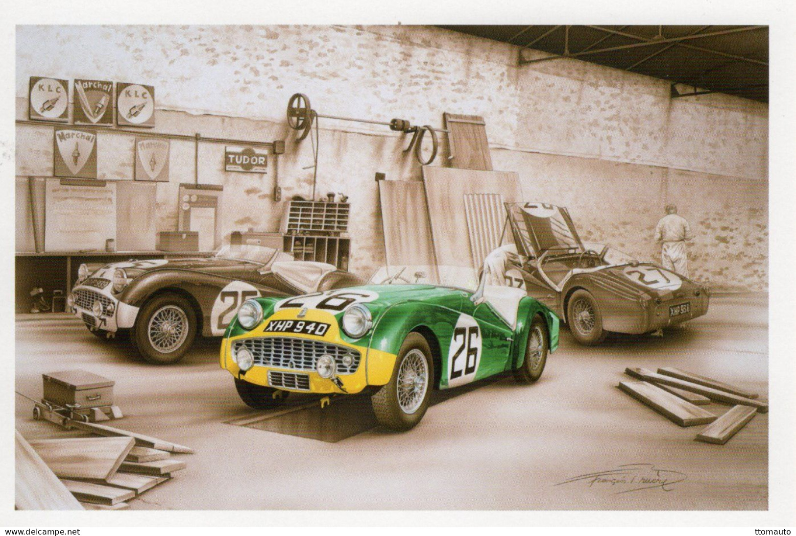 24 Heures Du Mans 1959 - Triumph TR3S - Concurrents: Bolton/Rothschild - Artiste:Francois Bruere - CPM - Le Mans