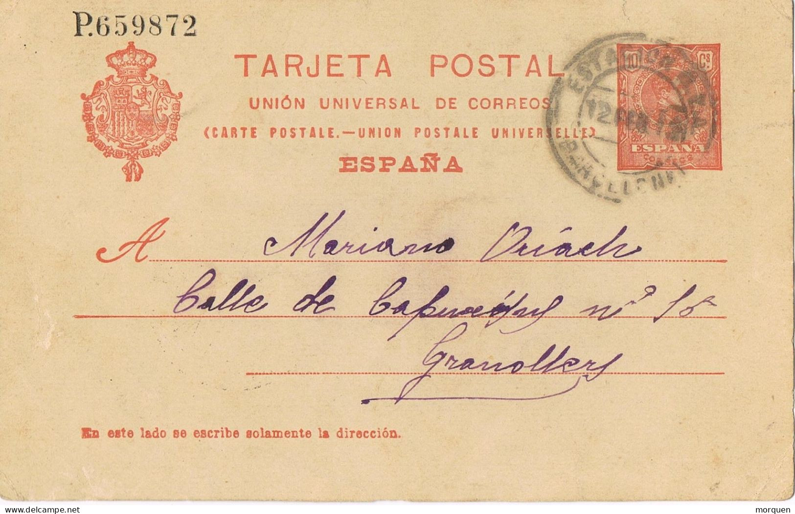 53140. Entero Postal BARCELONA  1913. Fechador ESTACION M.Z.A. Ferrocarril, Tren - 1850-1931