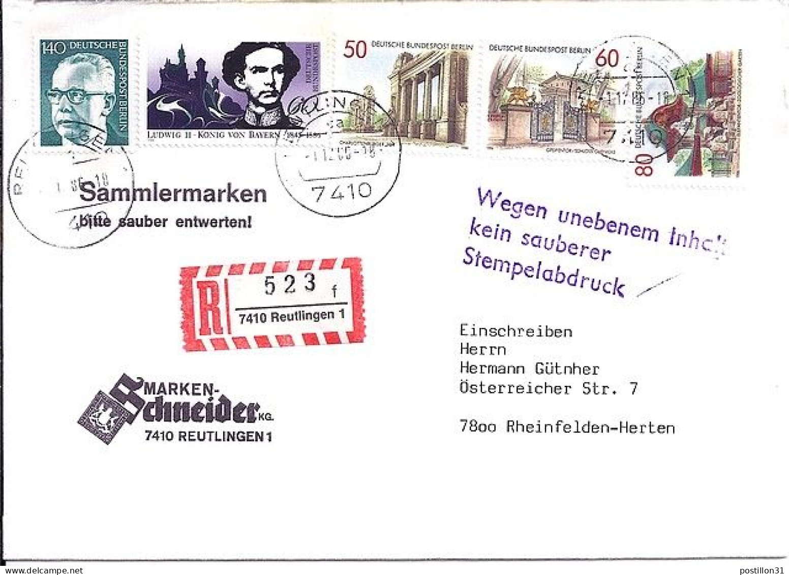 BERLIN N° 722/723/724 + COMPL. S/L.REC.DE REUTLINGEN/1.12.86  - Brieven En Documenten