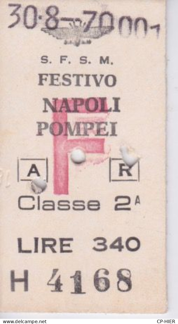 TICKET - ITALIE - METRO CHEMIN DE FER TRAMWAY - S.F.S.M. - FESTIVO  NAPOLI POMPEI P.N.  340 LIRE - 2° CL - ALLER RETOUR - Europe