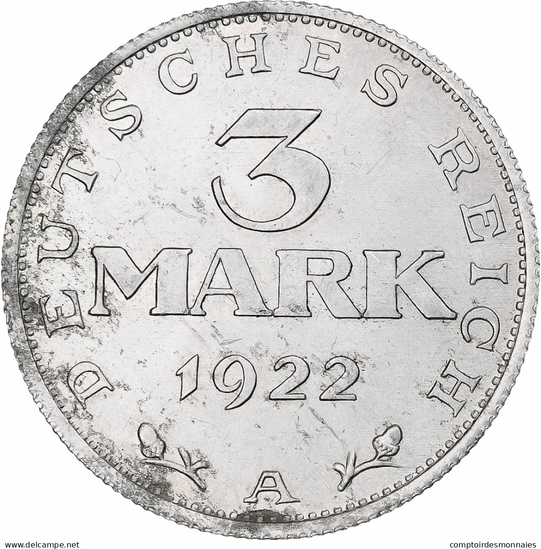 Allemagne, Weimar Constitution, 3 Mark, 1922, Berlin, SUP+, Aluminium, KM:29 - 3 Marcos & 3 Reichsmark