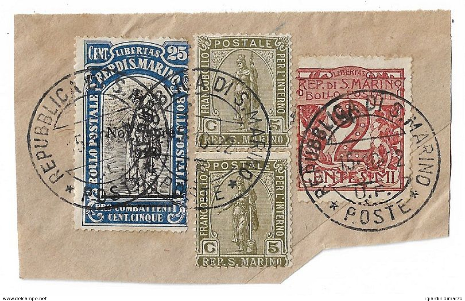 SAN MARINO-1922: 4 Valori Usati Su Frammento (catalogo N.58-69-83) Con Annullo Datato 15/10/1922-in Buone Condizioni. - Brieven En Documenten