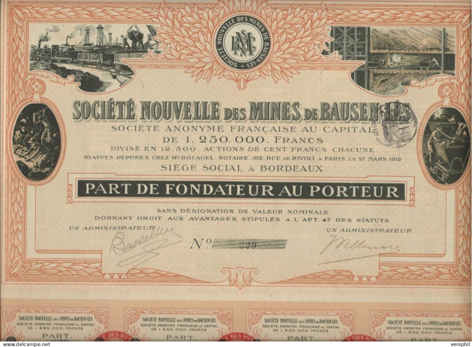 SOCIETE NOUVELLE DES MINES DE BAUSEN-LES -ESPAGNE-  MINES DE FER -ZING -PLOM ARGENTIFERE --PART DE FONDATEUR-1903 - Mines