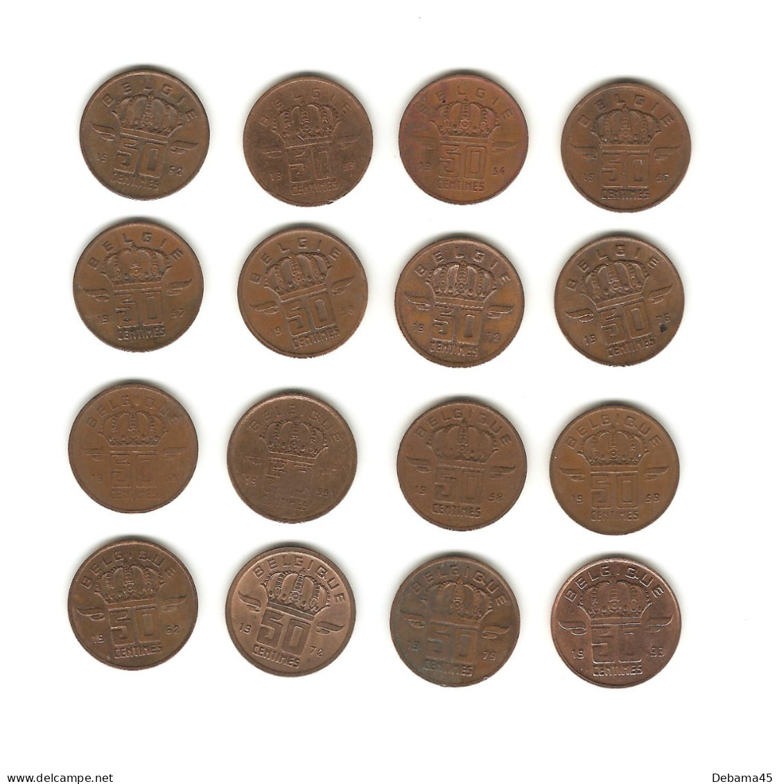 183/ Belgique : 16 X 50 Centimes (toutes Différentes - De 1952 à 1993 - Belgïe, Belgique - Grosse Et Petite Tête) - 50 Centimes