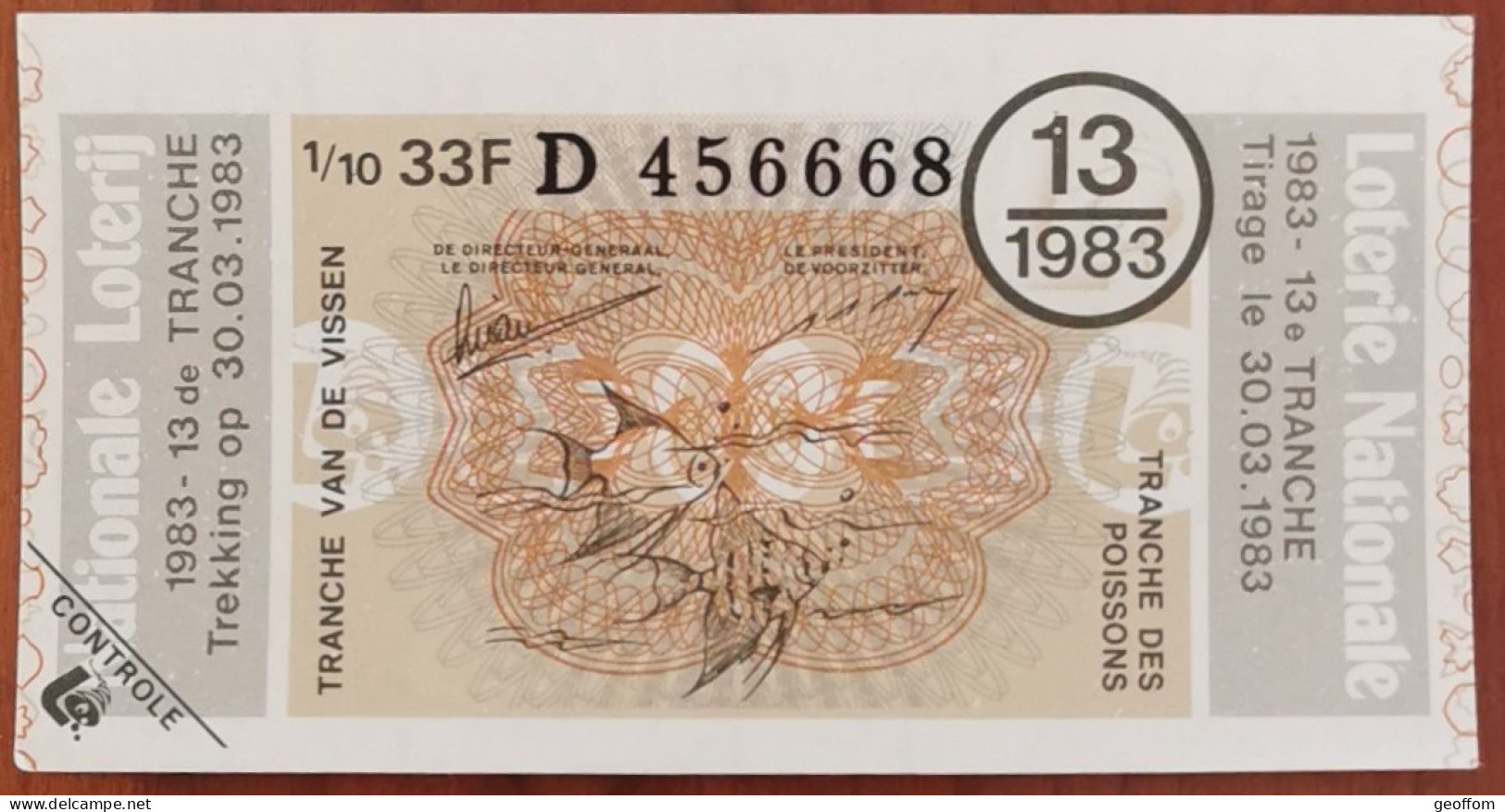 Billet De Loterie Nationale Belgique 1983 13e Tr - Tranche Des Poissons- 30-3-1983 - Billetes De Lotería