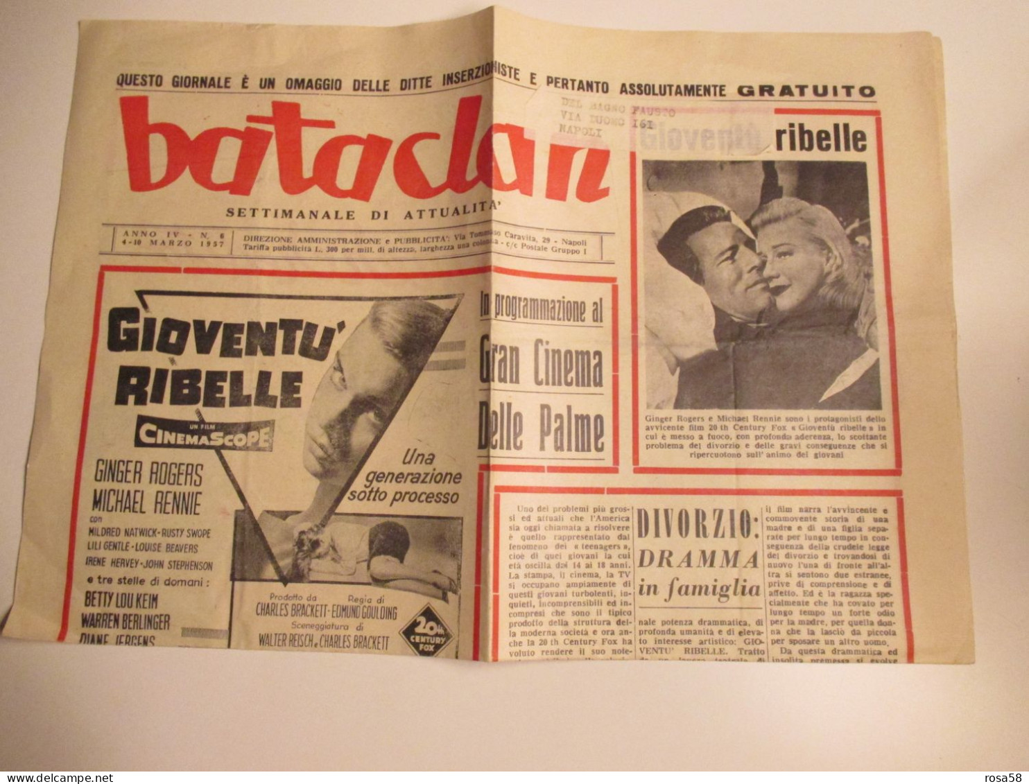 BATACLAN Settimanale Attualità 4 Marzo 1957 Pubblicità FILM Gioventù Ribelle Varie Pubblicità Epoca - Cinema