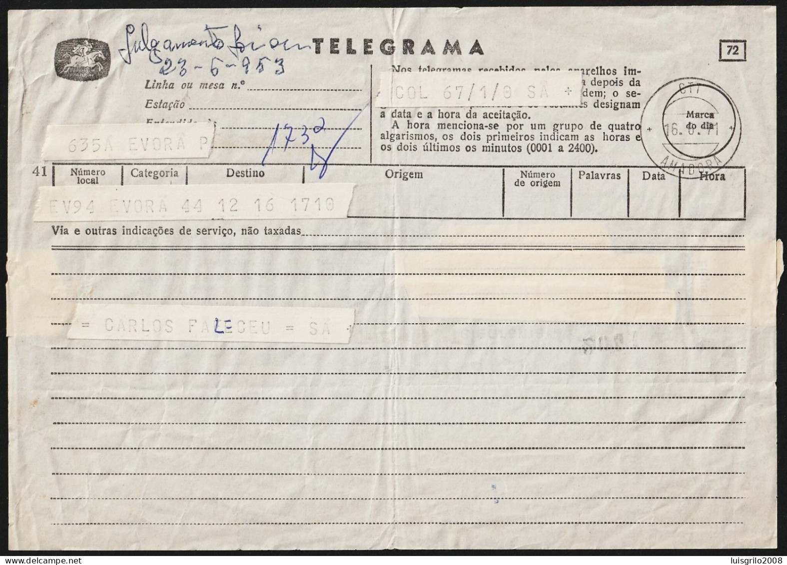 Telegram/ Telegrama - Évora > Amadora -|- Postmark - Amadora, 1971 - Storia Postale