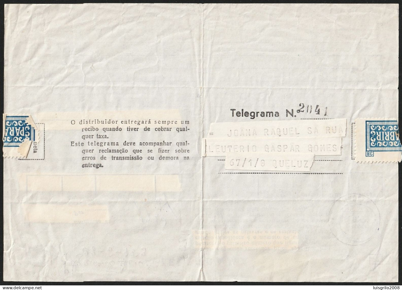 Telegram/ Telegrama - Évora > Amadora -|- Postmark - Amadora, 1971 - Lettres & Documents