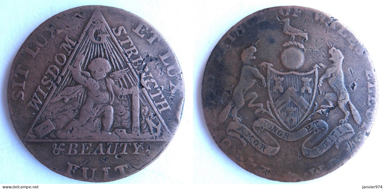 1790 Prince Of Wales Great Britain 1/2 Penny Condor Token Masonic , Jeton Franc Maçonnerie , En Cuivre - Professionnels/De Société