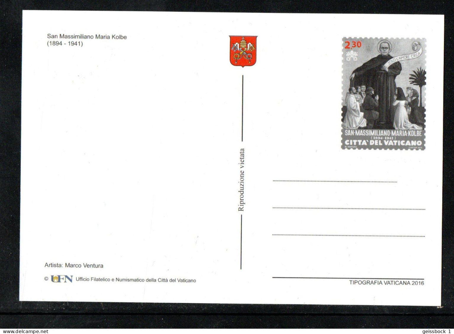 Vatican 2016:  Postkarte Maximilian Kolbe  **    (H017) - Entiers Postaux