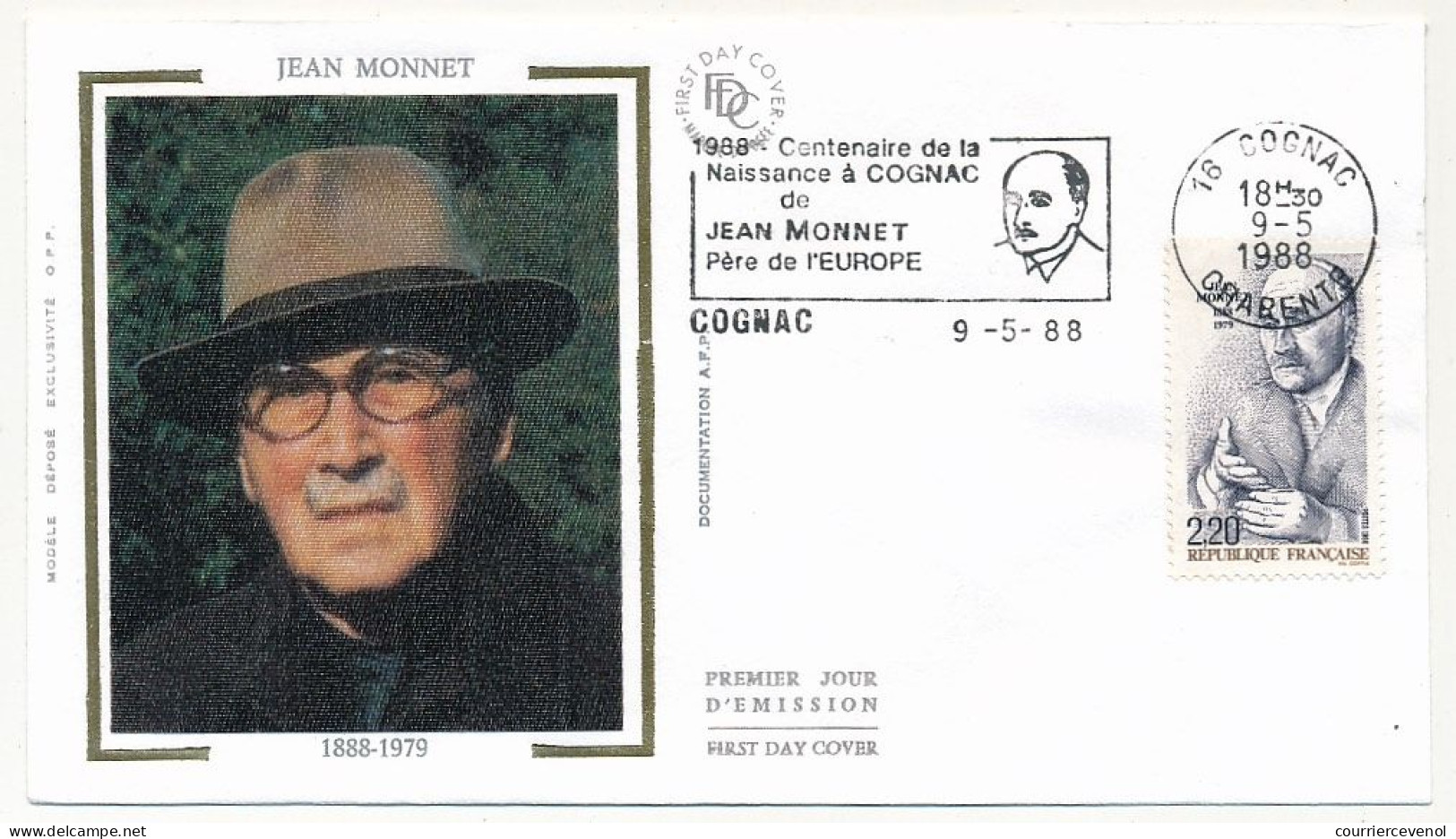 FRANCE =>  Env. FDC 2,20 Jean Monnet - OMEC Concordante 1er Jour COGNAC 9/5/1988 - 1980-1989