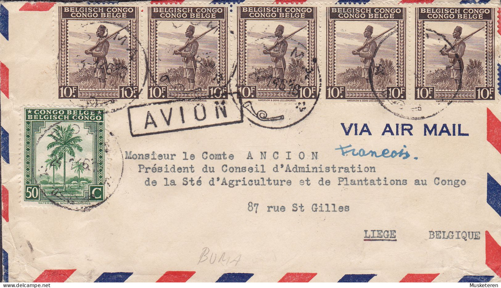 Belgian Congo Boxed AVION, BOMA 1946 Cover Brief Lettre Président D'Agriculture Au Congo LIEGE Belgium 5-Stripe Askari - Covers & Documents