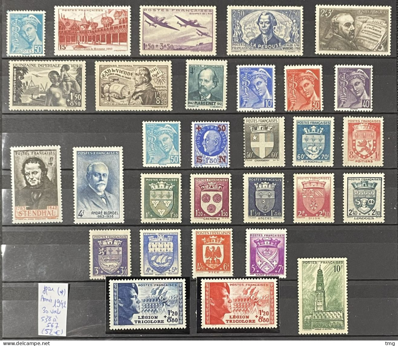 1942 (*) MH Année Complète 1942 YT 538 à 567 - 30 Valeurs Neufs (côte 52 €) France – Jpar - 1940-1949