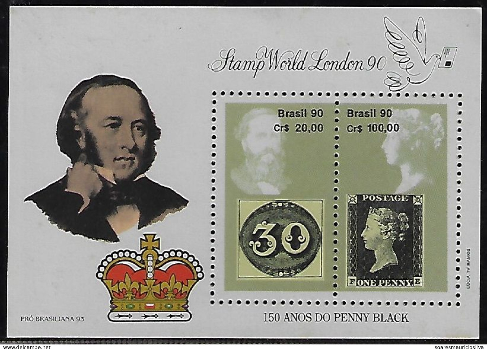 Brazil Souvenir Sheet 150 Years Of Penny Back Issue MNH Stamp World London 1990 Sir Howland Hill Bull's Eye Crown - Blocks & Sheetlets