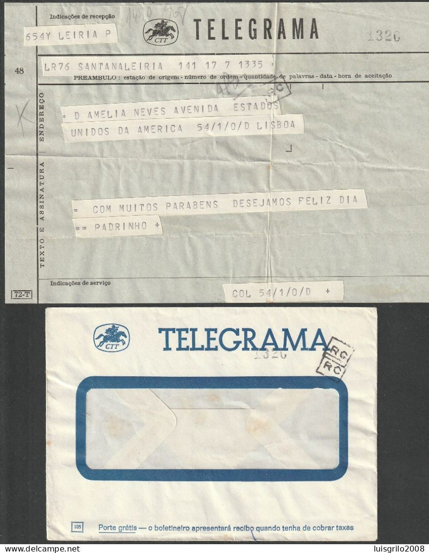 Telegram/ Telegrama - Santana, Leiria > Lisboa -|- Telegram With Envelope - Lettres & Documents