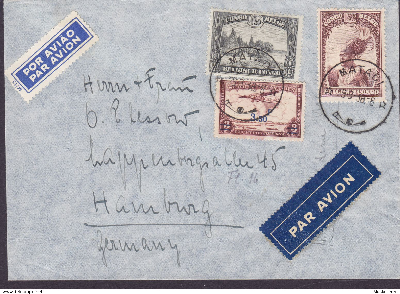 Belgian Congo POR AVIAO & PAR AVION Labels MATADI 1938 Cover Brief Lettre HAMBURG Aerien Surchargé Overprinted - Lettres & Documents