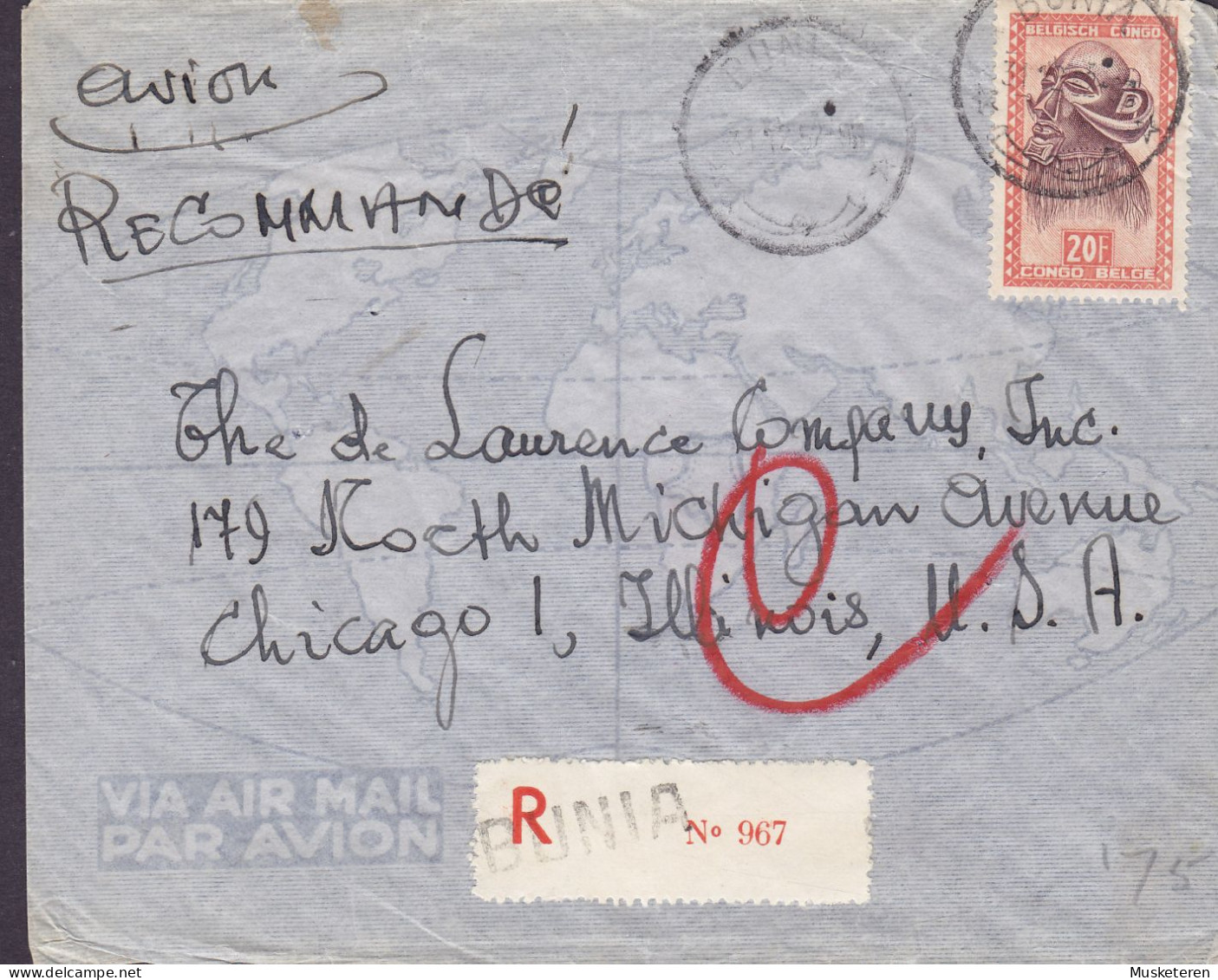 Belgian Congo Air Mail Registered Recommandé Label BUNIA 1952 Cover Brief Lettre CHICAGO United States 20 Fr. Mask - Storia Postale