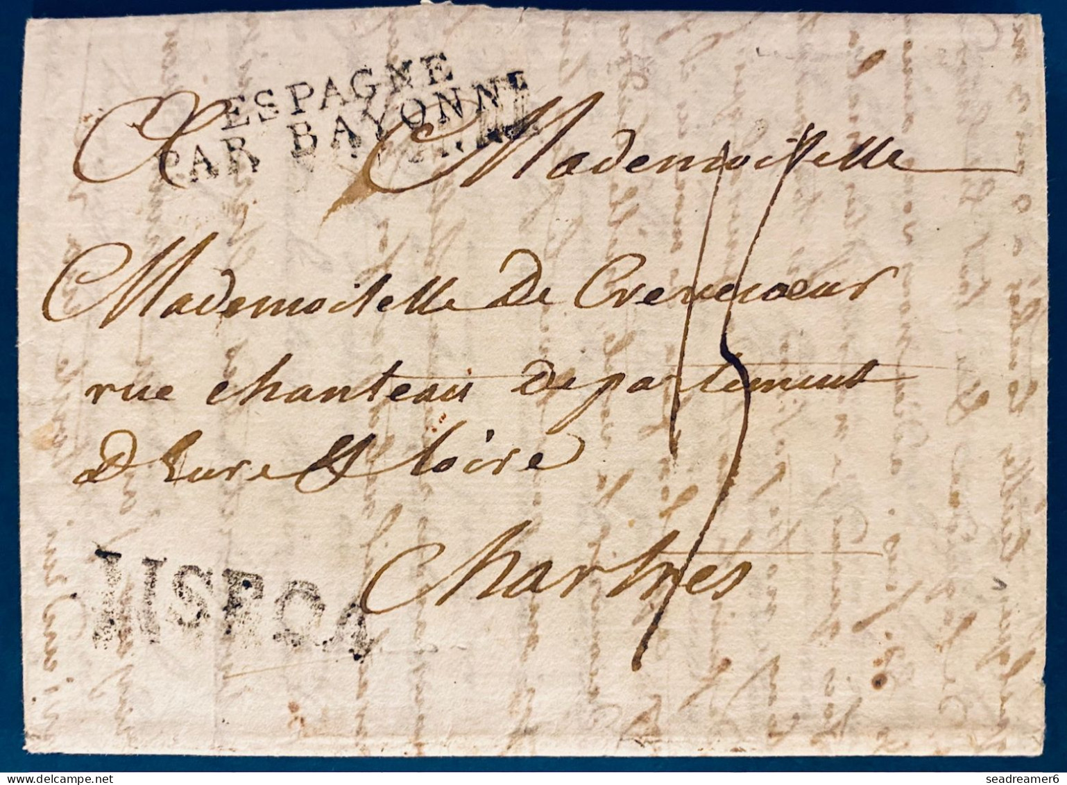 Lettre 6 Juin 1807 Marque LISBOA Noire Pour CHARTRES / FRANCE + Marque " ESPAGNE PAR BAYONNE " + Taxe 15  TTB - ...-1853 Préphilatélie
