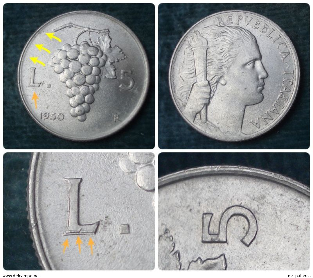 M_p> CURIOSITA' Repubblica 5 Lire 1950 Grappolo Uva - Alluminio,bella Conservazione - Con Sdoppiamento Del Conio Al R/ - 5 Liras