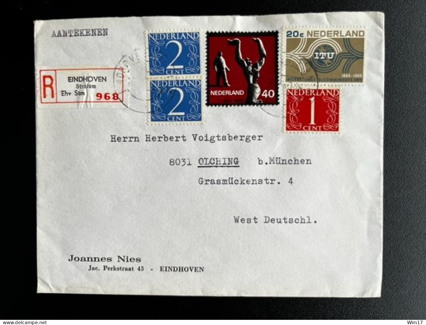 NETHERLANDS 1965 REGISTERED LETTER EINDHOVEN STRATUM TO OLCHING NEDERLAND AANGETEKEND - Covers & Documents