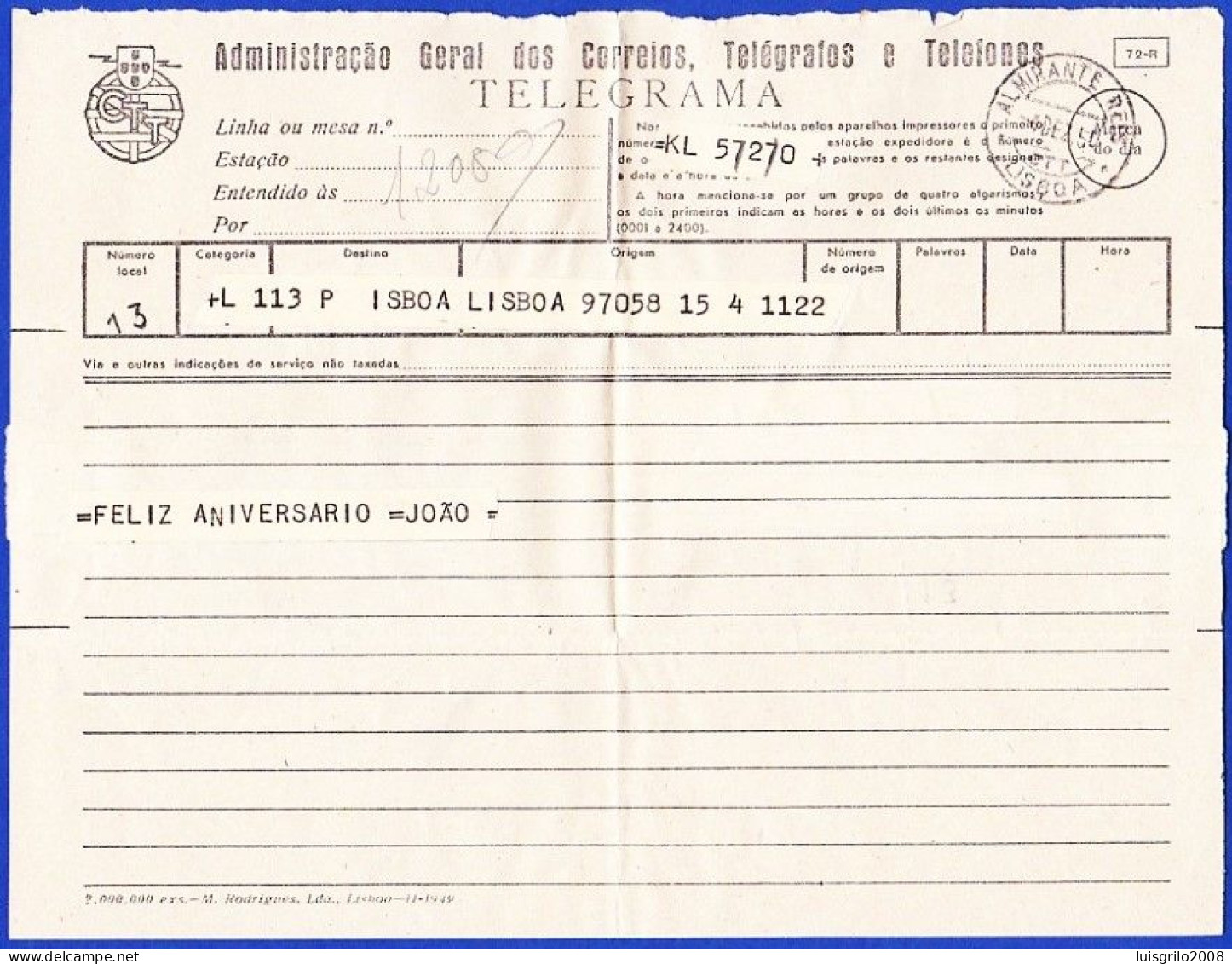 Telegram/ Telegrama - Lisboa > Lisboa -|- Postmark - Almirante Reis . Lisboa . 1950 - Storia Postale