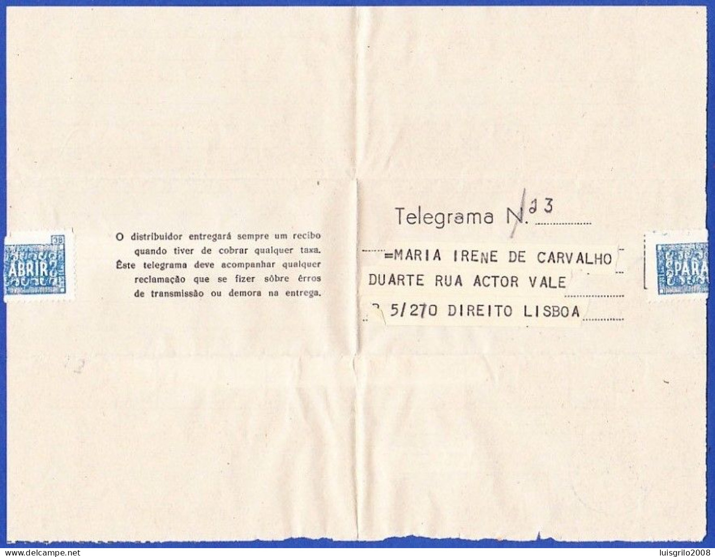 Telegram/ Telegrama - Lisboa > Lisboa -|- Postmark - Almirante Reis . Lisboa . 1950 - Briefe U. Dokumente