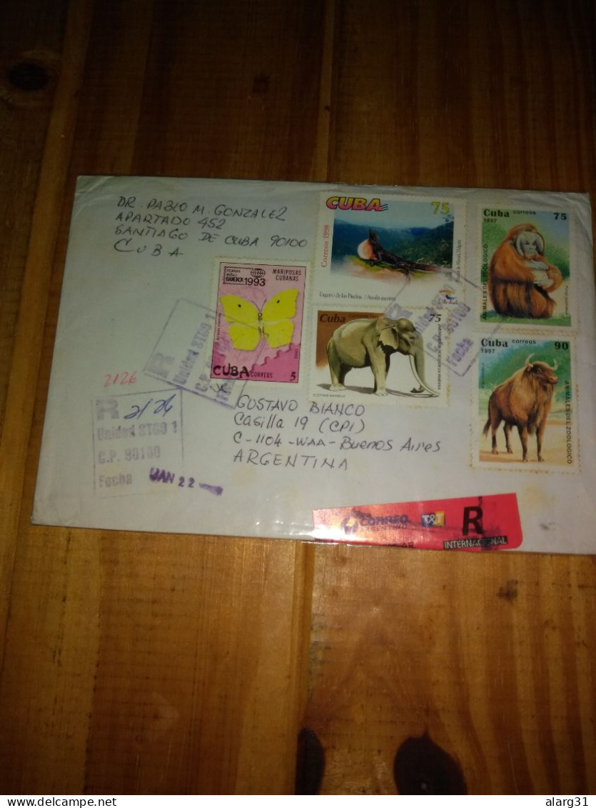 Reg. Letter To Argentina From Santiago 2001..tourist/lizard 98.bfly.elephant.monkey.bison.the R Seal Used To Cancel Sta. - Brieven En Documenten