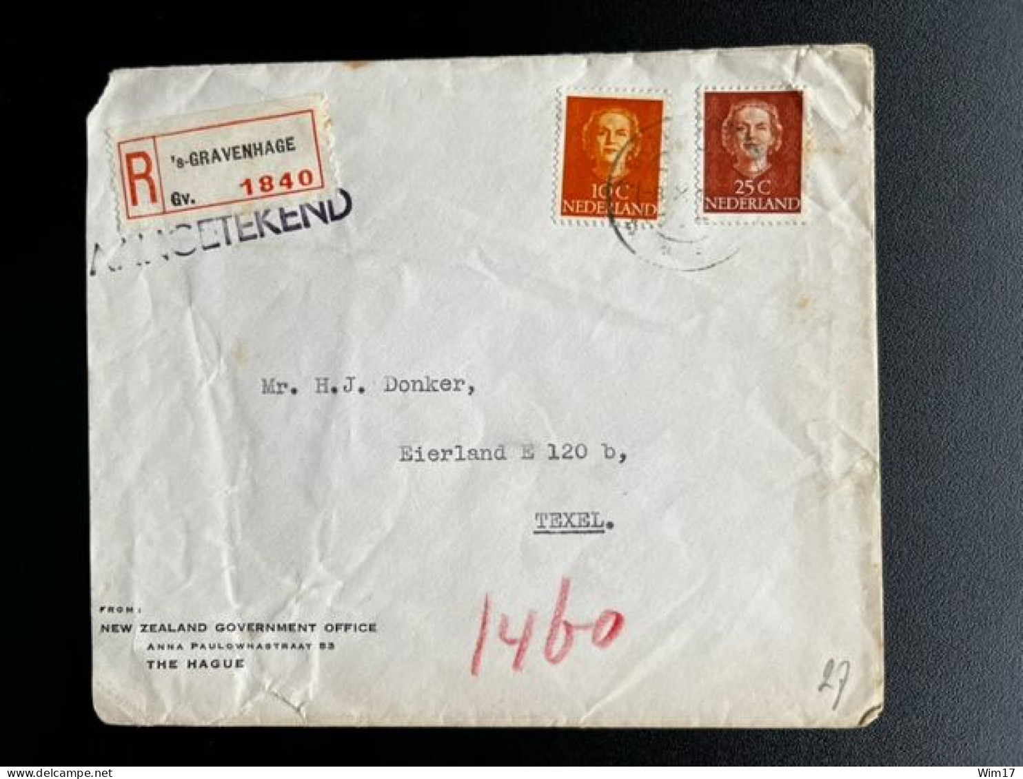 NETHERLANDS 1953? REGISTERED LETTER 'S GRAVENHAGE TO EIERLAND TEXEL NEDERLAND AANGETEKEND - Storia Postale