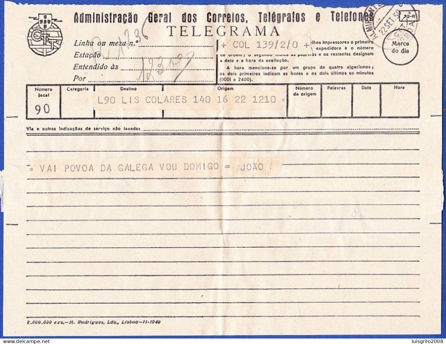 Telegram/ Telegrama - Colares > Lisboa -|- Postmark - Almirante Reis . Lisboa . 1950 - Brieven En Documenten