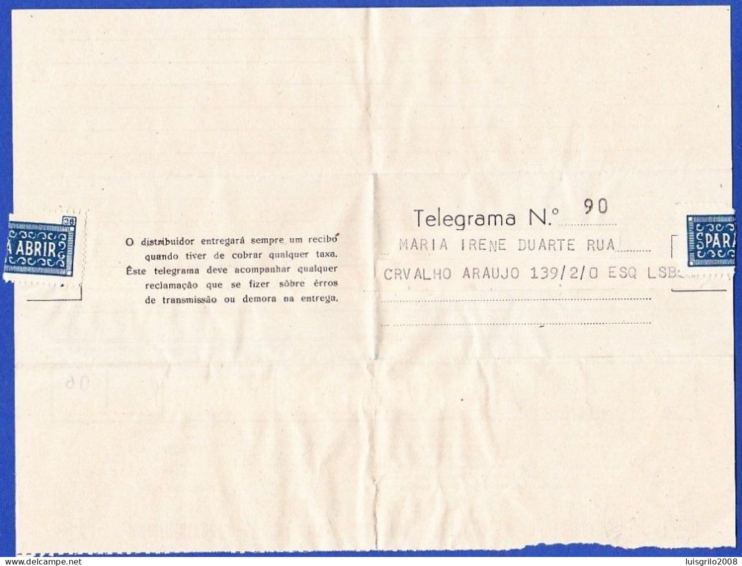 Telegram/ Telegrama - Colares > Lisboa -|- Postmark - Almirante Reis . Lisboa . 1950 - Briefe U. Dokumente