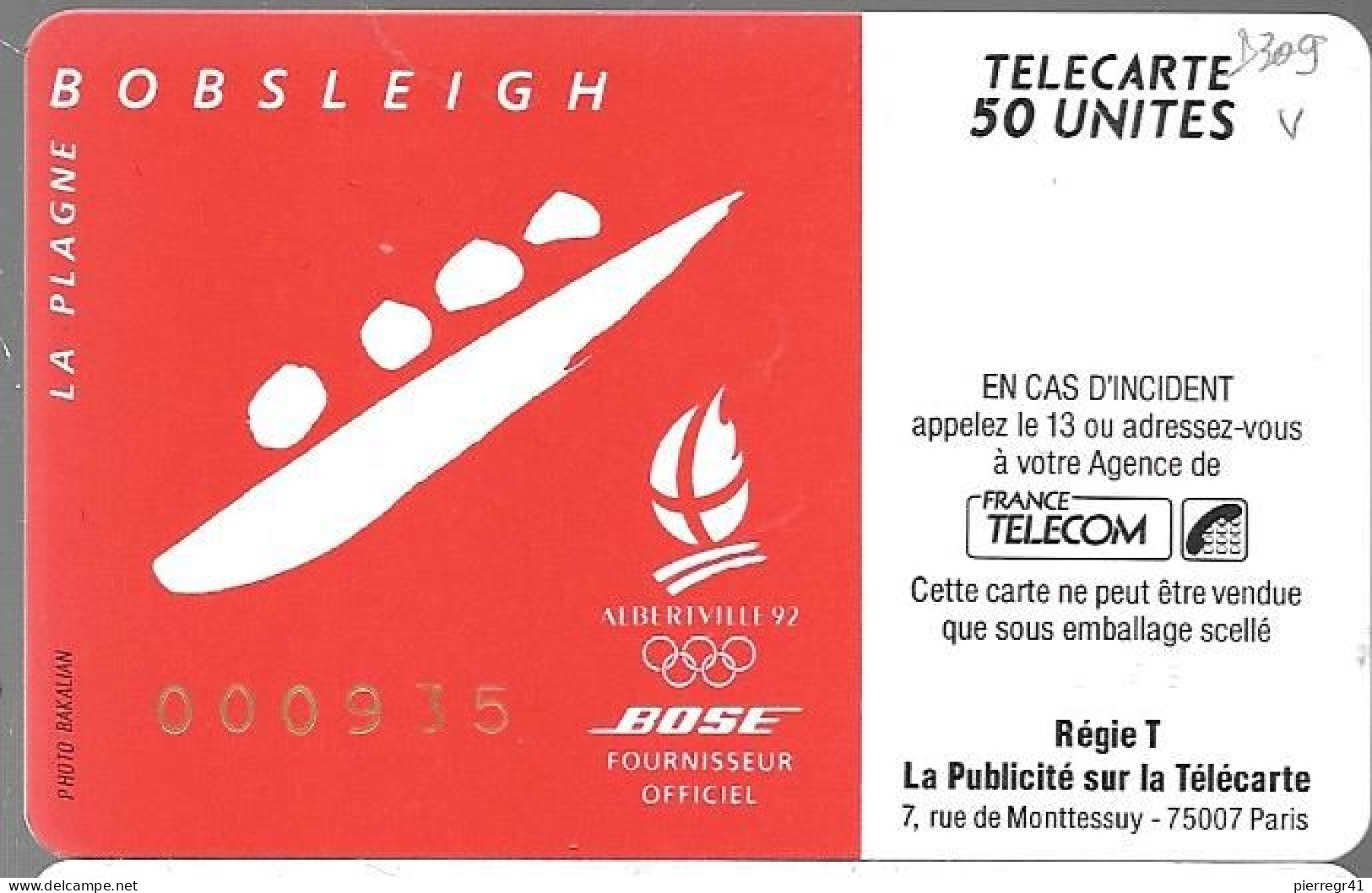 CARTE-PUCE-PRIVEE-D-50U-D309-SO2-1990-BOSE-Jeux Olympiques1-BOBSLEIGH-V° Pe2796- N° 000935-Utilisé-TBE-LUXE - Privées