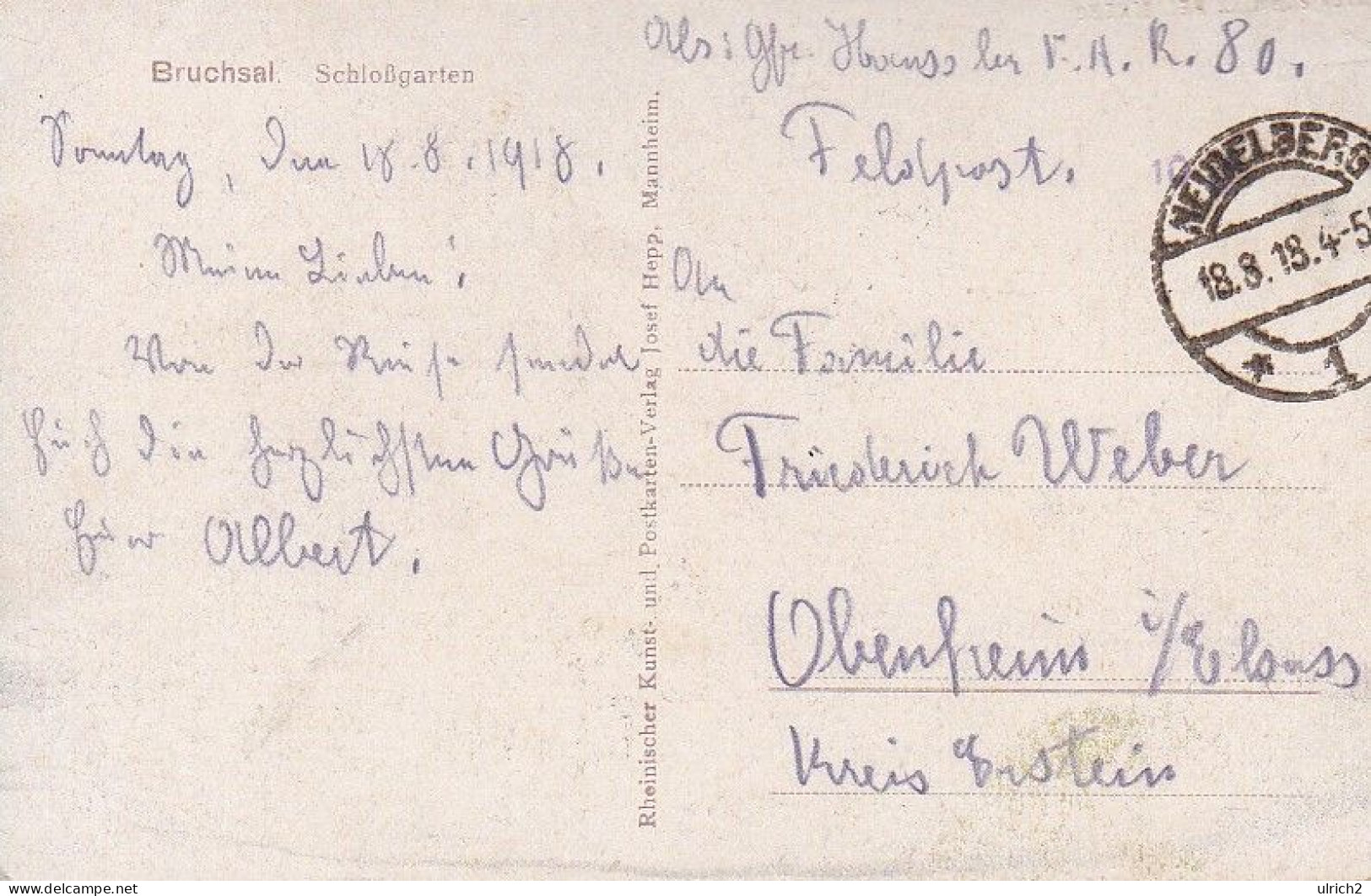 AK Bruchsal - Schloßgarten -  Feldpost 1918 (66534) - Bruchsal