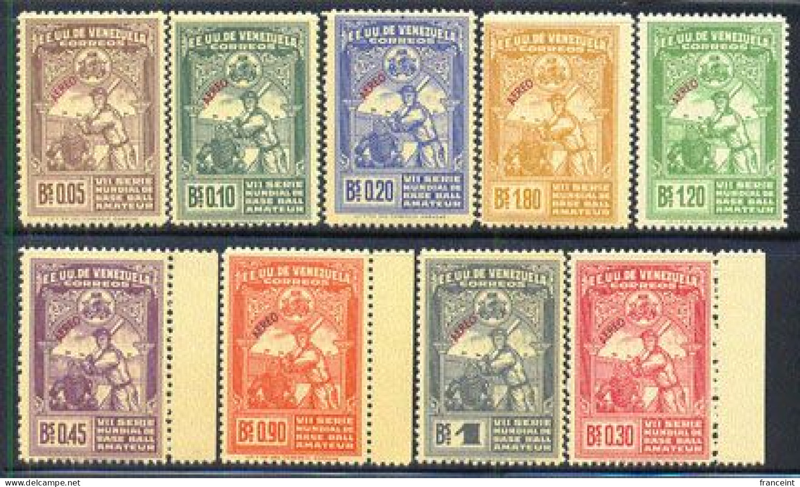 VENEZUELA(1944) Amateur Baseball Championships. Set Of 9. Scott Nos C189-97, Yvert Nos PA186-94. - Venezuela