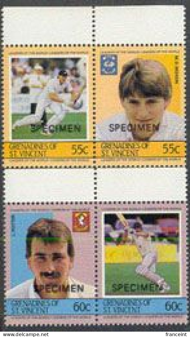 ST. VINCENT (Grenadines)(1985) Cricket Players. Set Of 2 Se-tenant Pairs And 2 Singles Overprinted SPECIMEN. Scott Nos 4 - Cricket