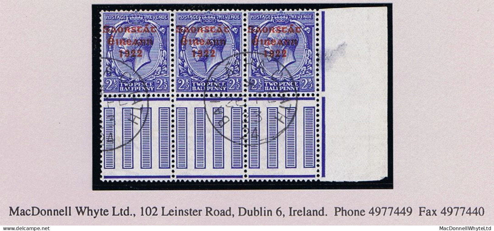 Ireland 1922-23 Thom Saorstát 3-line Overprint In Red On 2½d Blue, Corner Strip Of 3 Used Neat Dublin Cds - Gebraucht