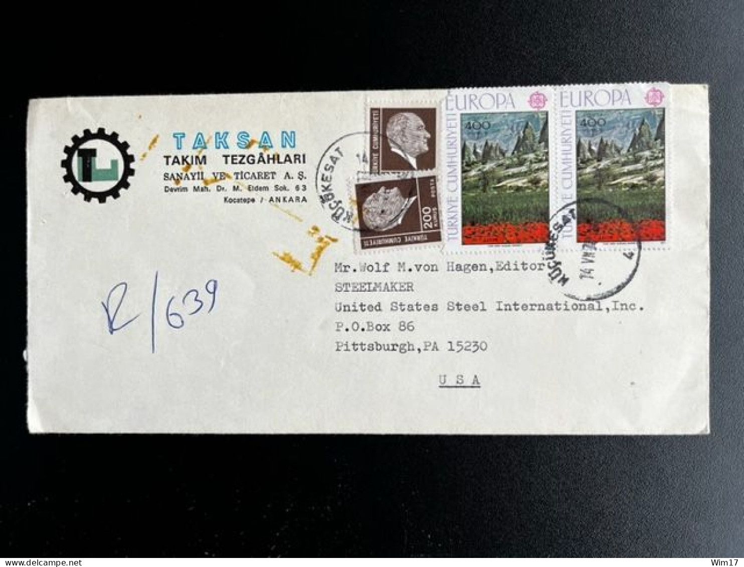 TURKEY 1977 REGISTERED LETTER KUCUKESAT ANKARA TO PITTSBURGH 14-07-1977 TURKIJE TURKIYE - Storia Postale