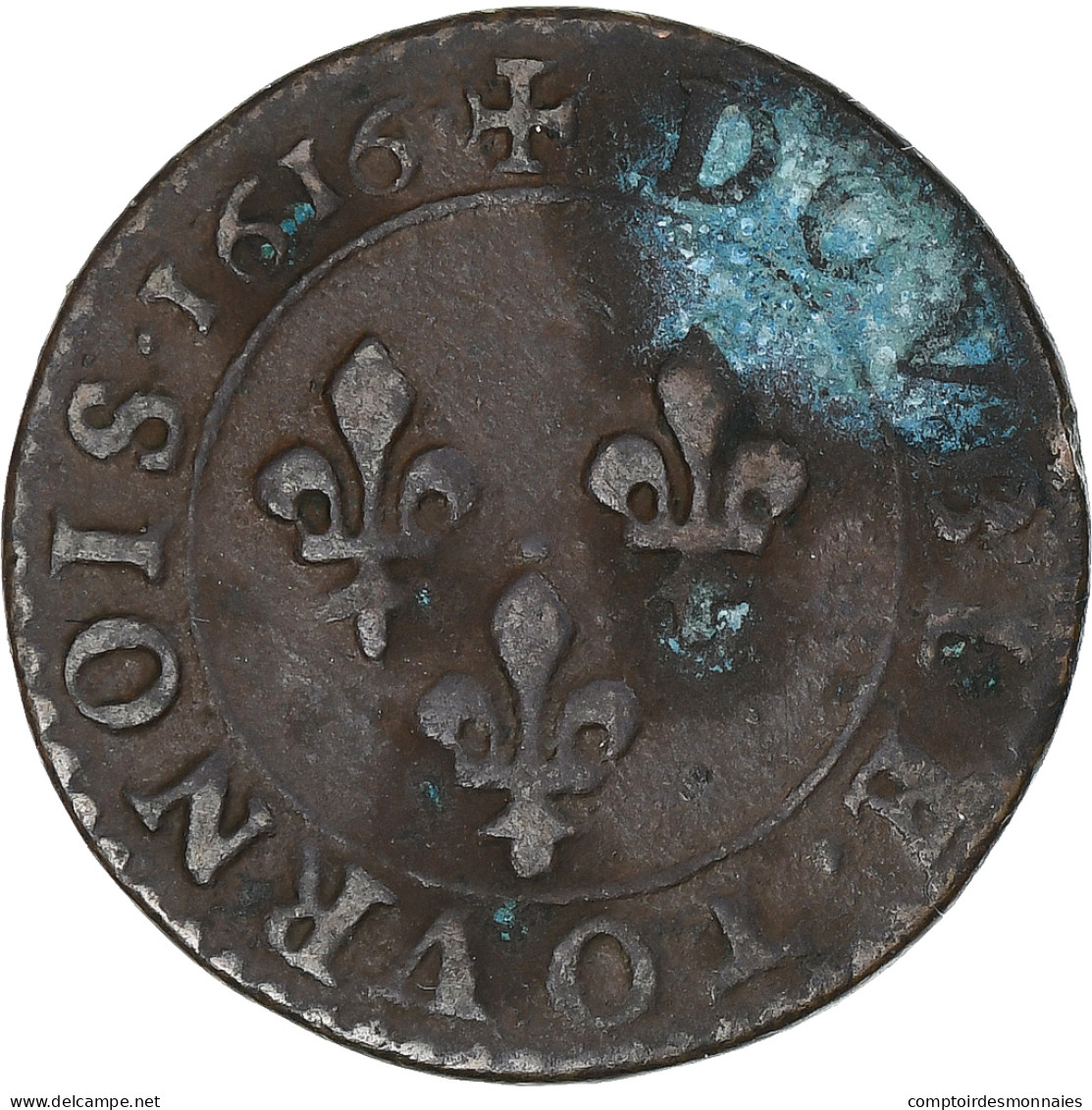 France, Louis XIII, Double Tournois, 1616, Amiens, 3rd Type, TB+, Cuivre - 1610-1643 Luis XIII El Justo