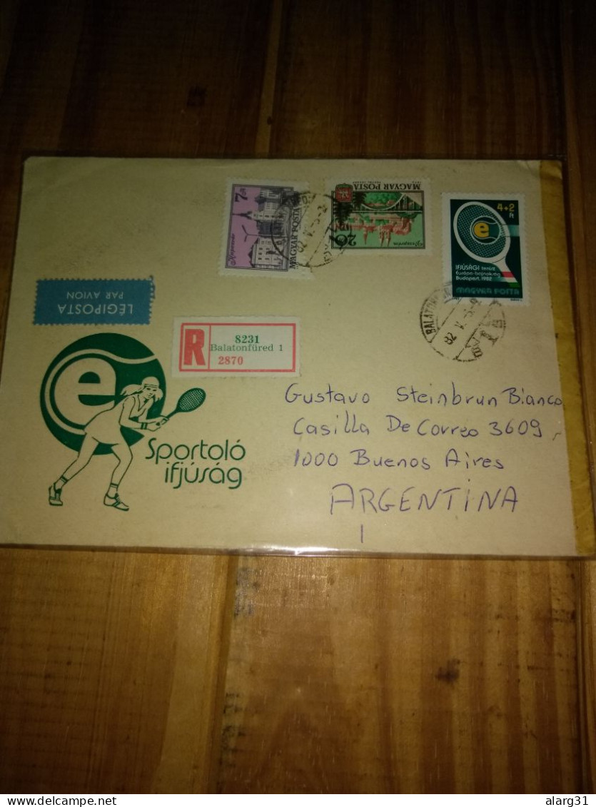 Hungary.1982.reg Cover.to Argentina.tennis Youth.europa Cup Yv 2797&defs.+ Cover Illustration.e8 Reg.post.commem 1or2. - Cartas & Documentos