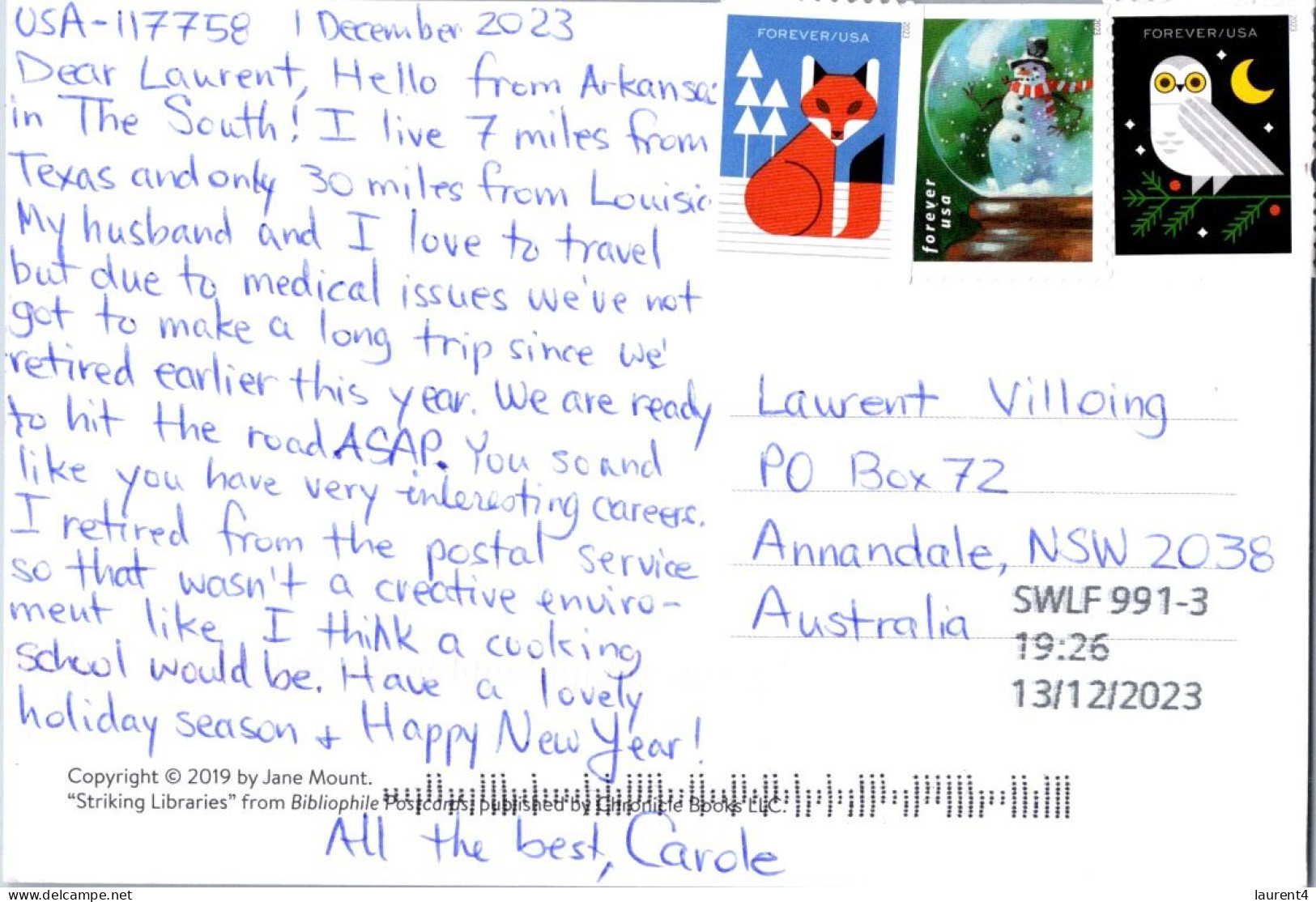 18-12-2023 (2 W 26) USA Posted To Australia 2023 - Striking Library (posted Wiht Out Any Postmark !) - Bibliothèques