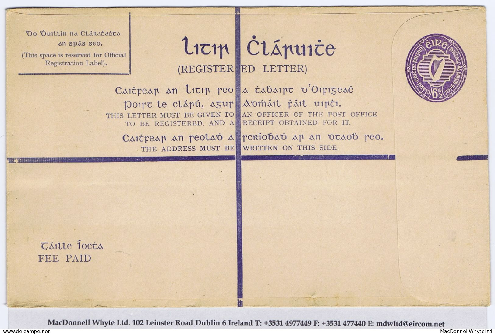 Ireland 1949 6½d Violet On Light Buff Registered Envelope Scarce Size H Unused - Interi Postali