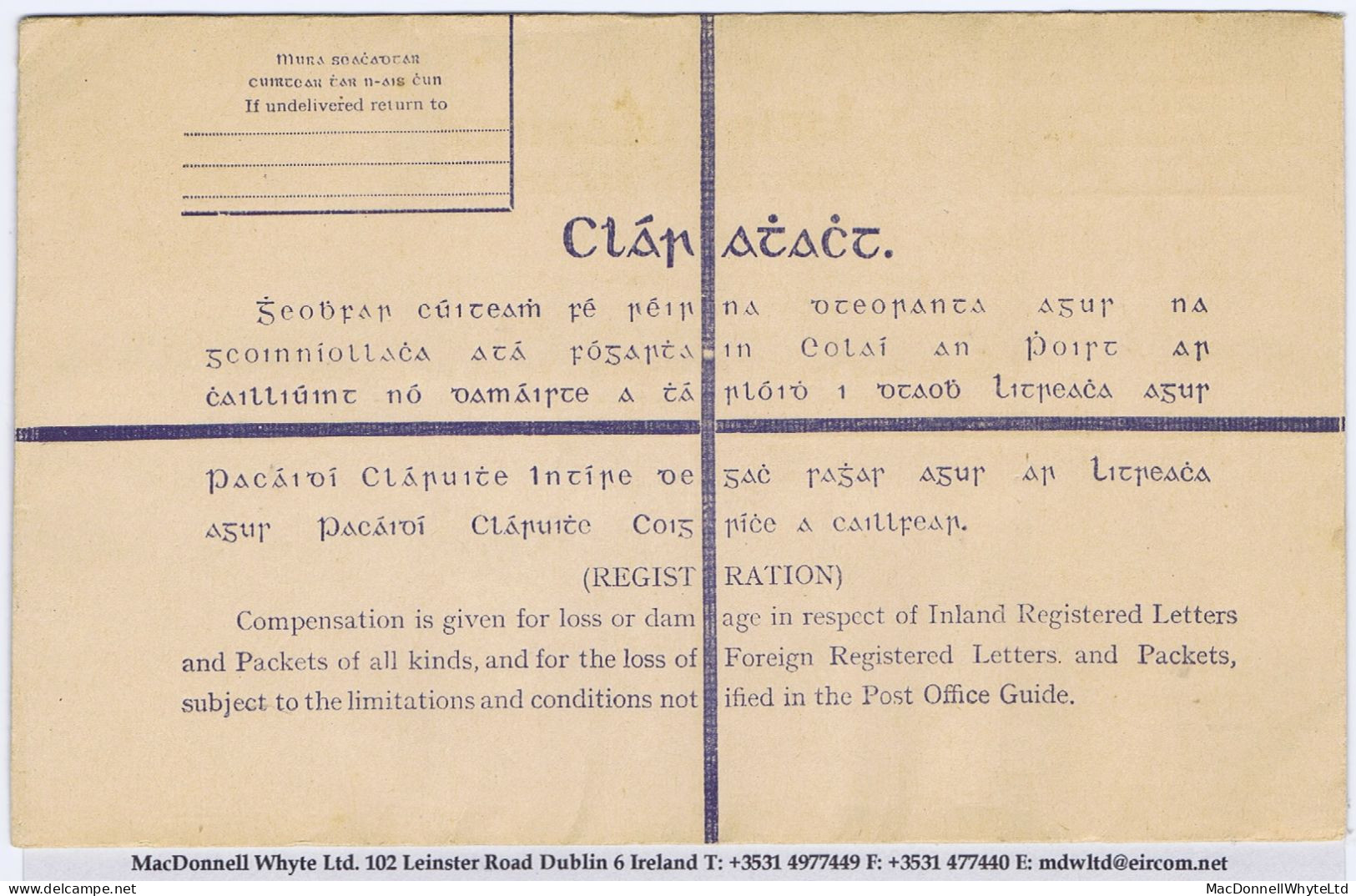 Ireland 1949 6½d Violet On Light Buff Registered Envelope Scarce Size H Unused - Interi Postali