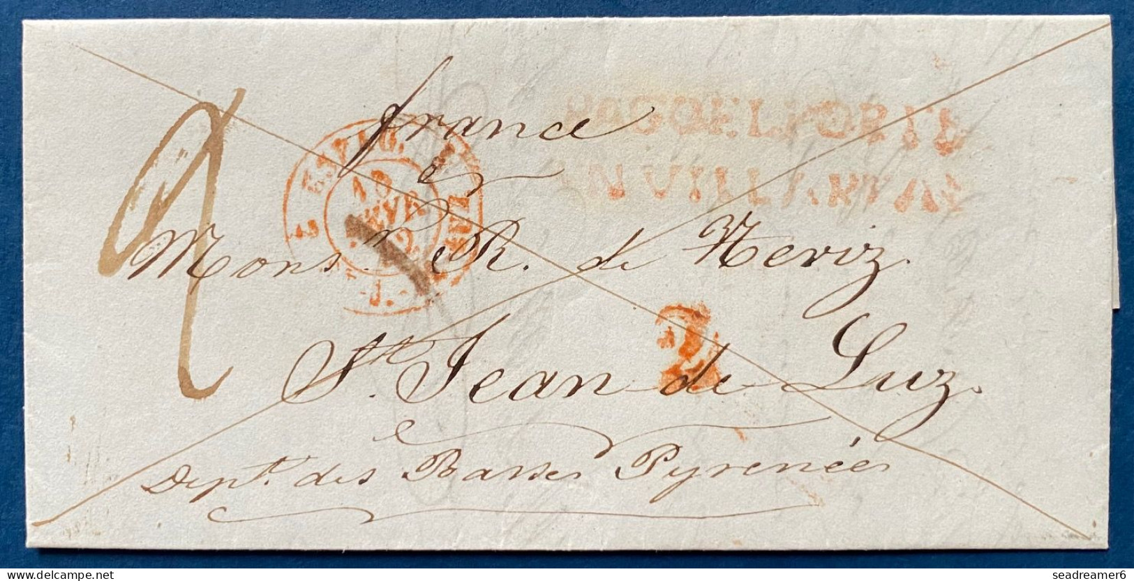Lettre 16 FEV 1842 Marque " PAGO EL PORTE / EN VILLAREAL " Pour ST JEAN DE LUZ + Taxe 2 + Entrée " ESPAG 2 ST J DE LUZ" - ...-1850 Préphilatélie