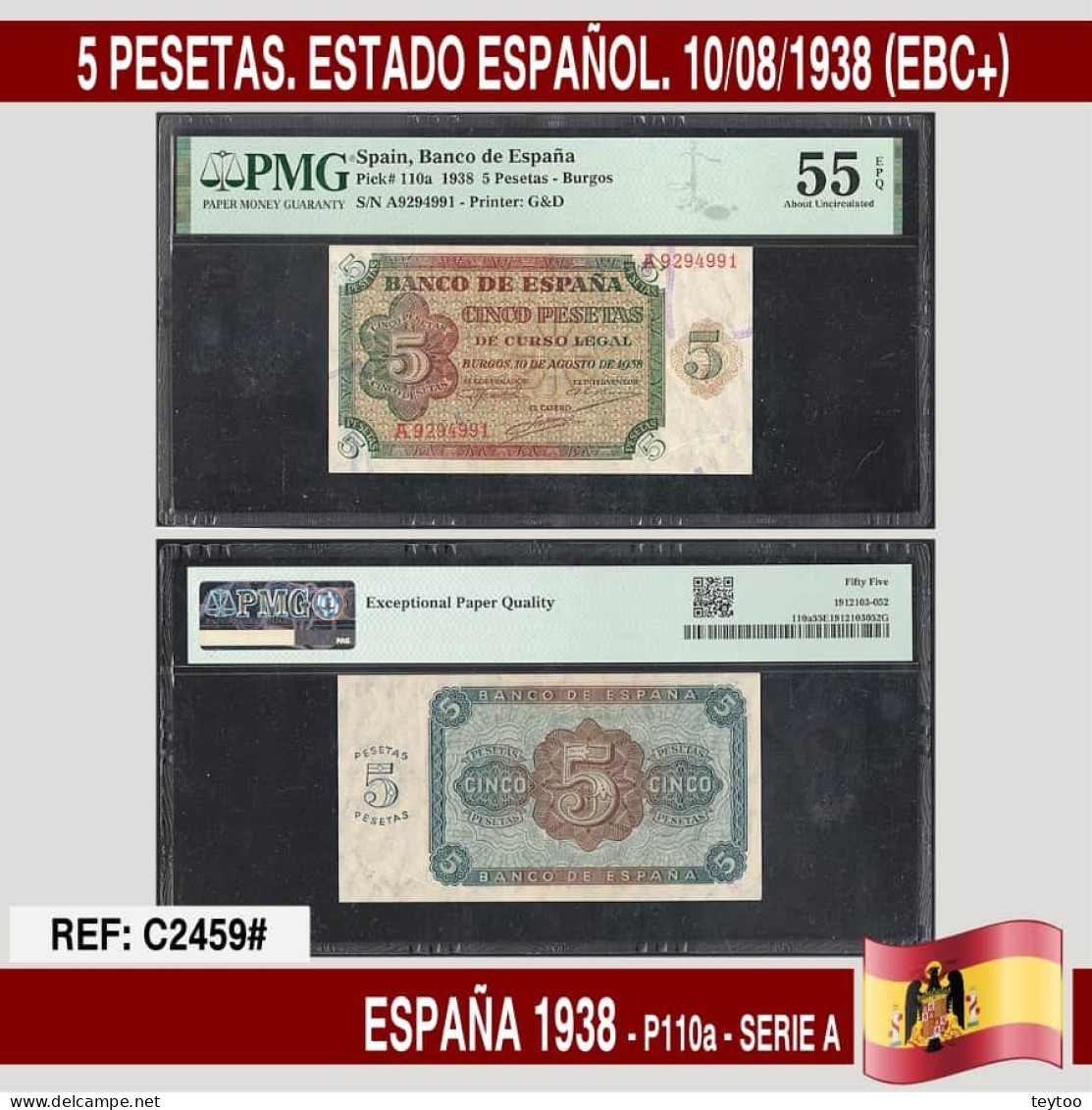 C2459# España 1938. 5 Pts. Estado Español (AU) PMG55EPQ - 5 Peseten