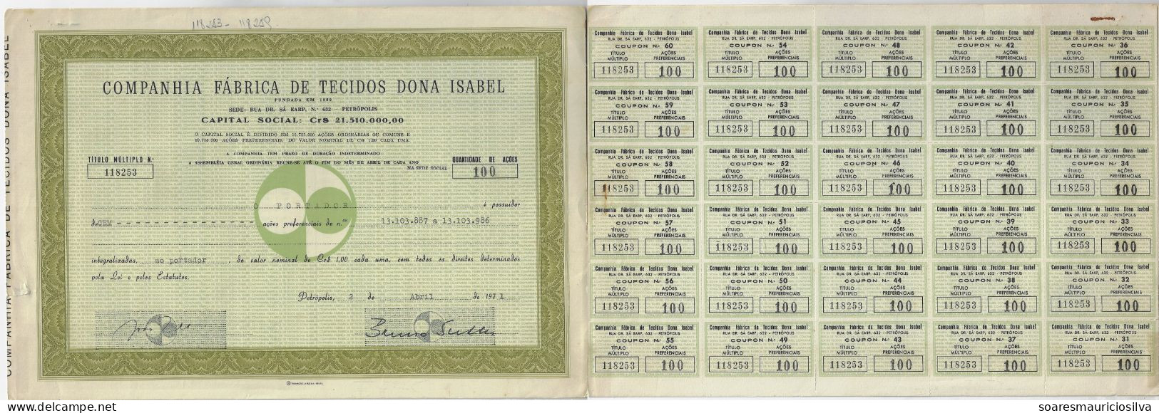 Brazil 1971 Shareholding Dona Isabel Fabric Factory Company From Petrópolis Textile Company size 21,5x63 Cm - D - F