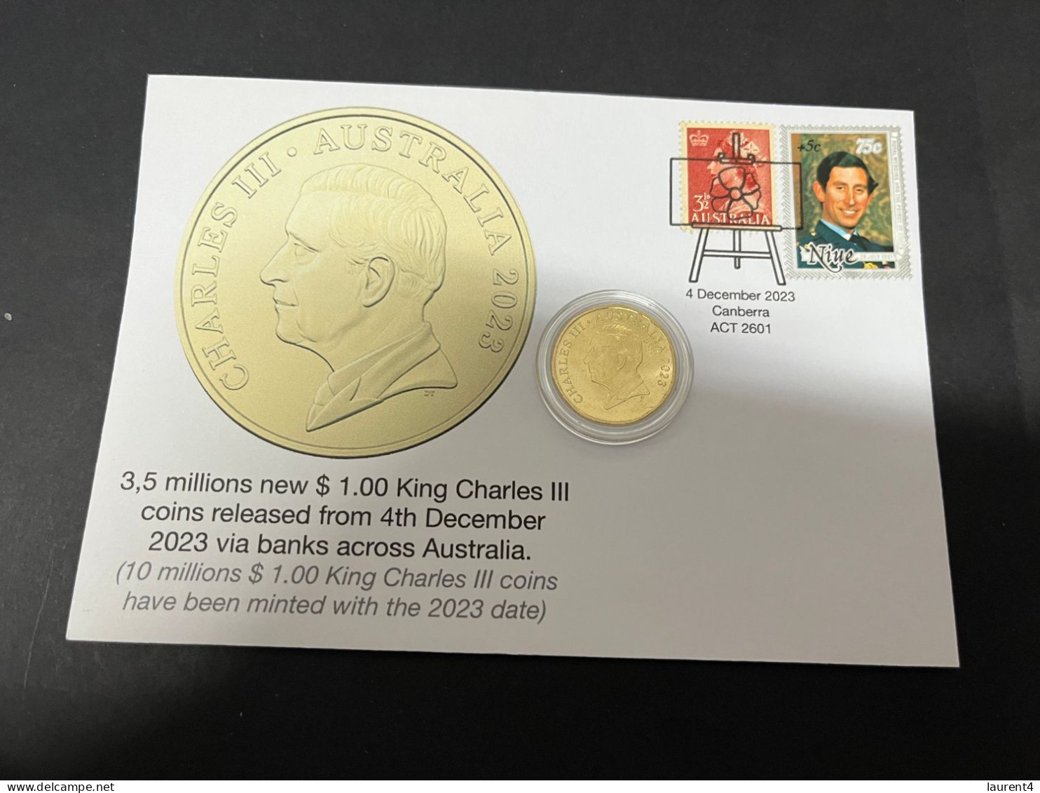 (18-12-2023) (2 W 29A) $ 1.00 King Charles III New $ 1.00 Australian Coin (released 4-12-2023) Prince Charles Niue Stamp - Dollar