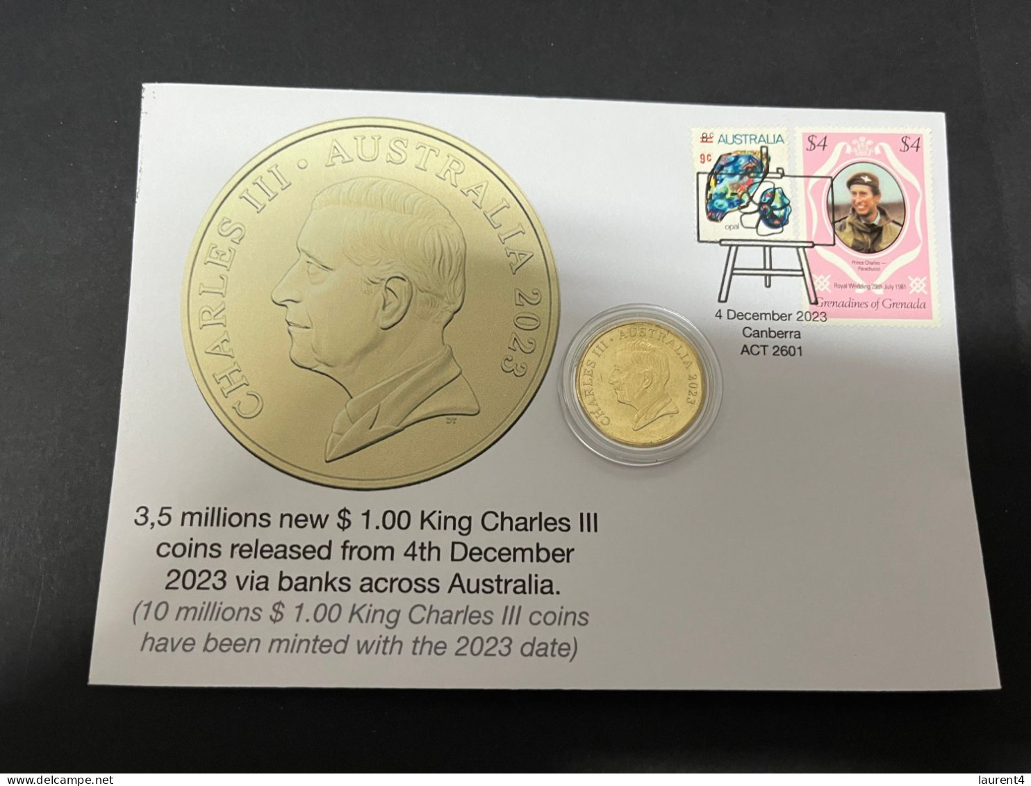 (18-12-2023) (2 W 29A) $ 1.00 King Charles III New $ 1.00 Australian Coin (released 4-12-2023) Prince Charles Grenada - Dollar