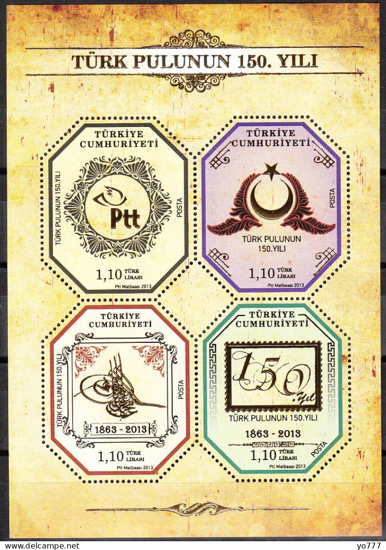 (3999-02) TURKEY THE 150 TH YEAR OF TURKISH STAMPS SOUVENIR SHEET MNH** ( GOLD PRINTED ) - Neufs