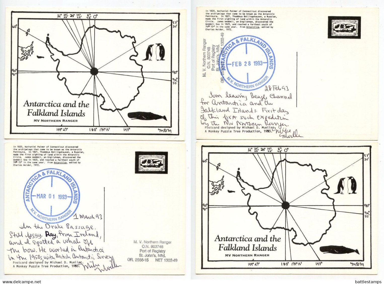 Antarctica And The Falkland Islands 1993 6 Postcards M.V. Northern Ranger Ship Expedition - Falkland